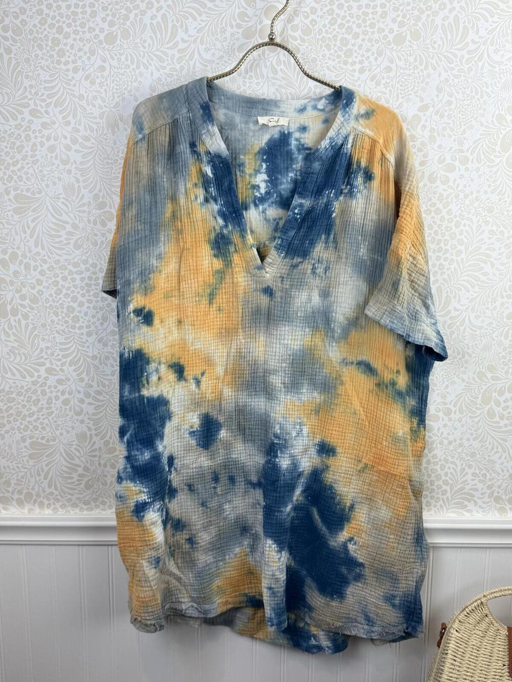 Easel 100% Cotton Oversized Blue Tie-Dye Short Sleeve Dress - Size - Large - Picture 3 of 6